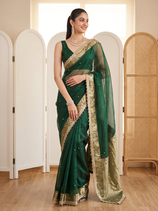Emerald Green Ghughru Embroidered Floral Border Silk Blend Saree