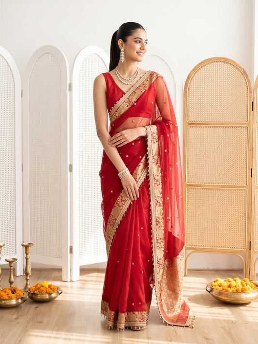 Red Ghughru Embroidered Floral Border Silk Blend Saree