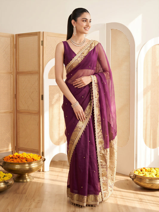 Deep Purple Ghughru Embroidered Floral Border Silk Blend Saree