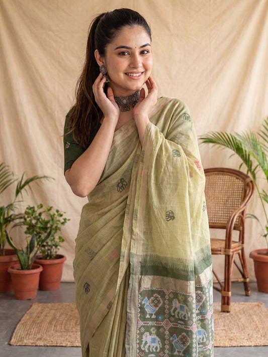 Light Green Ikkat Style Cotton Linen Saree