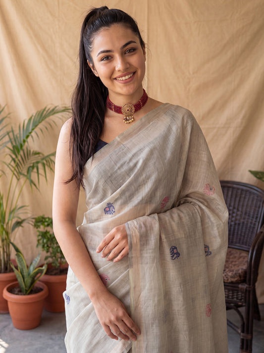 Off White Patola & Ikkat Style Weave Linen Cotton Saree