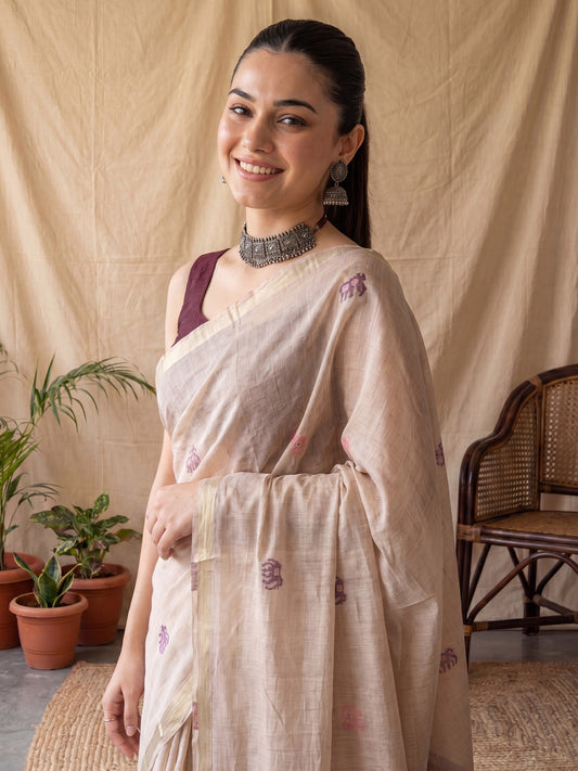 Cream Ikkat Motif Embroidered Linen Cotton Saree