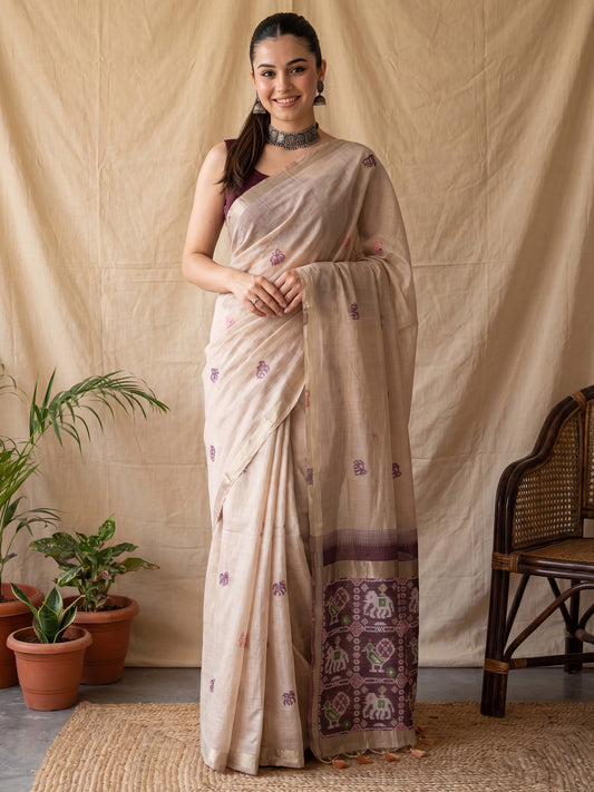 Cream Ikkat Motif Embroidered Linen Cotton Saree
