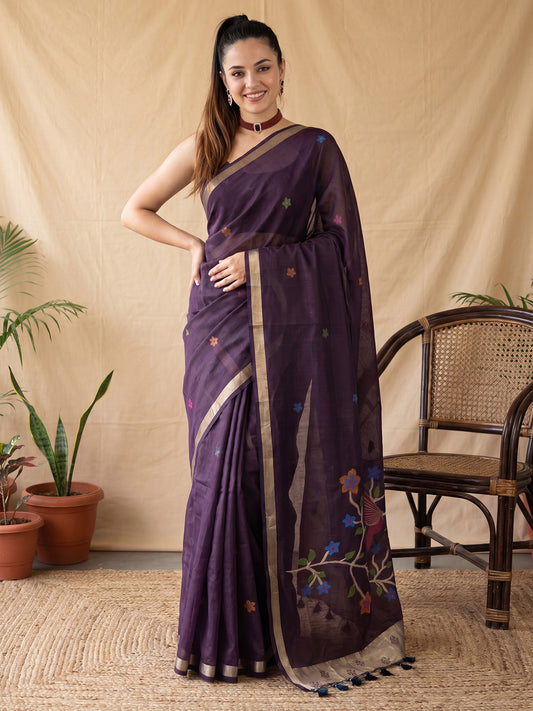 Wine Floral & Bird Embroidery Linen Cotton Saree
