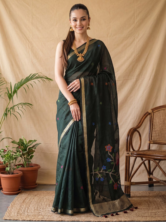 Bottle Green Woven & Embroidered Cotton Linen Saree