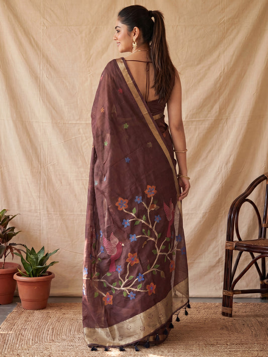 Brown Cotton Linen Floral Bird Motif Saree