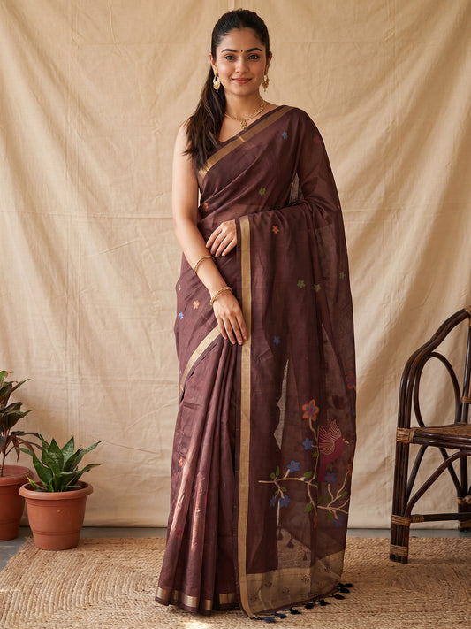 Brown Cotton Linen Floral Bird Motif Saree