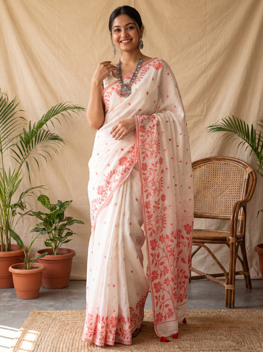 White Floral Vine Border Cotton Linen Saree