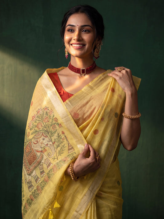 Yellow Elephant Printed Cotton Linen Saree