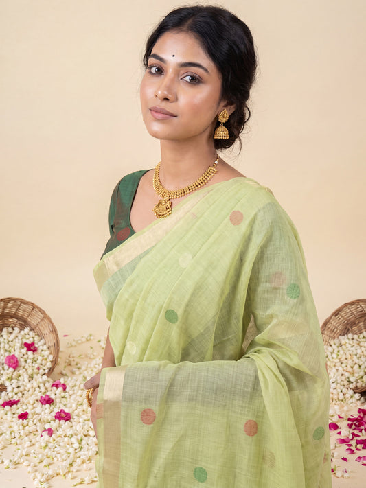 Pista Green Elephant Printed Cotton Linen Saree