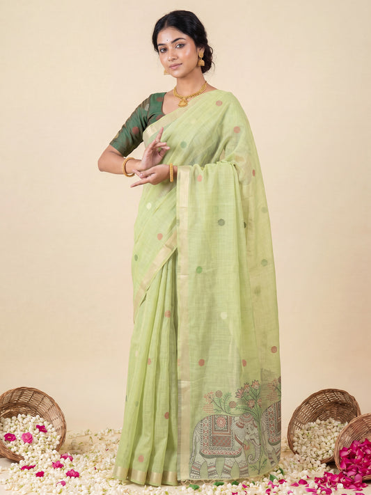 Pista Green Elephant Printed Cotton Linen Saree