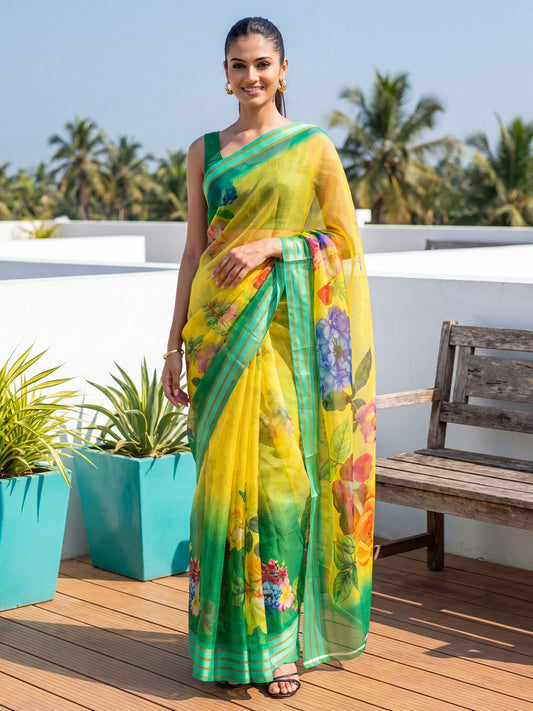 Yellow & Green& Floral Printed Organza Saree