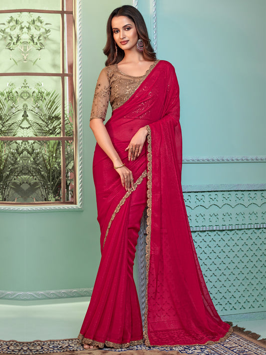 Red Embellished Sequinned Chiffon Saree