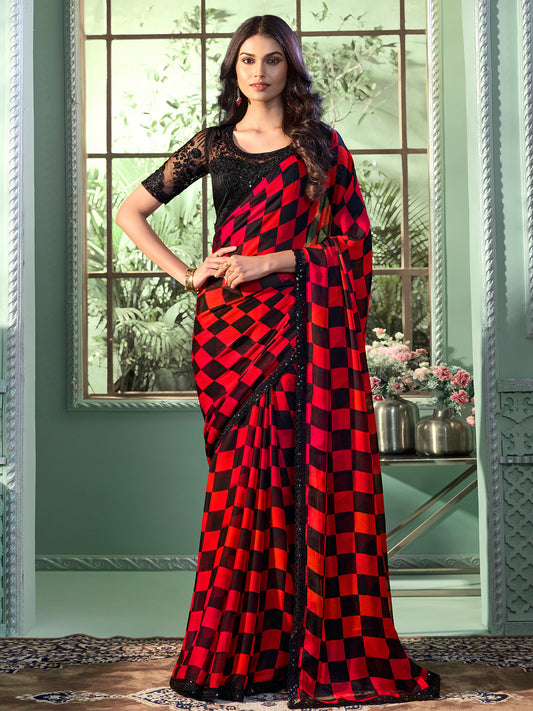 Maroon Embellished Sequinned Pure Chiffon Saree