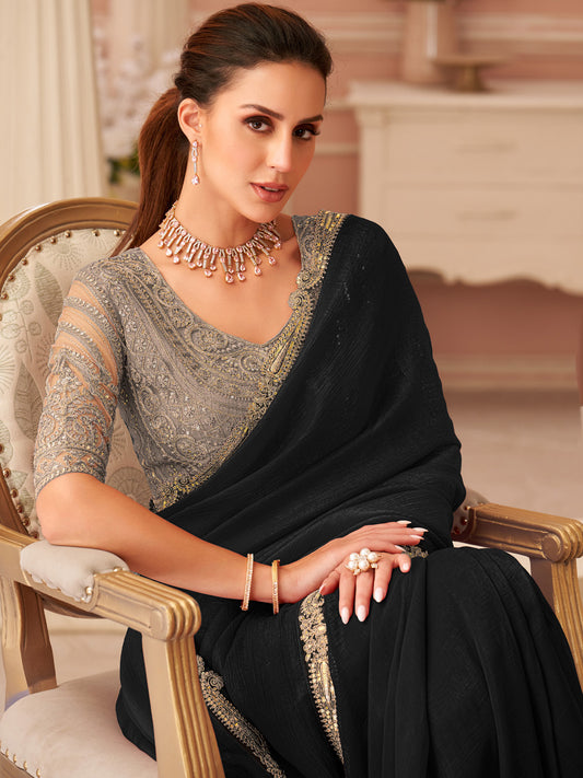 Black Embellished Sequinned Pure Chiffon Saree