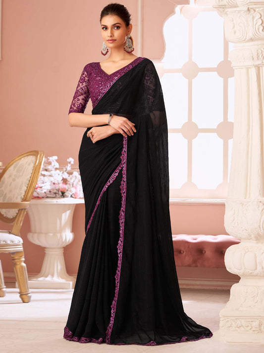 Black Embellished Sequinned Pure Chiffon Saree