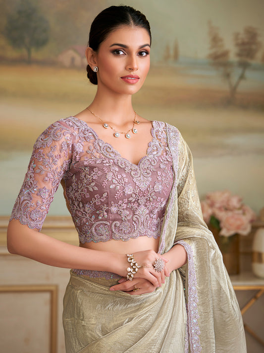 Ivory Embellished Sequinned Pure Chiffon Saree
