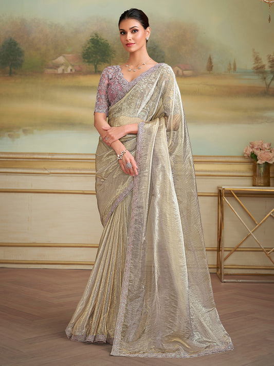 Ivory Embellished Sequinned Pure Chiffon Saree