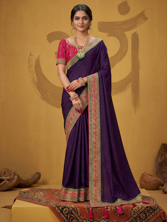 Purple Polyester Embroidery Scalloped Border Saree