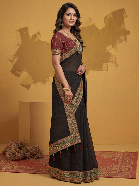 Black with Beads and Stone Georgette Saree