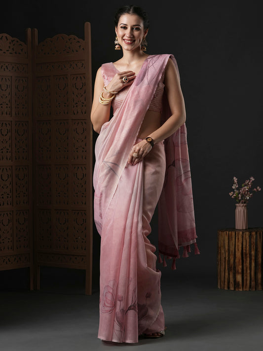 Dusty Pink Organza Saree with Watercolour Floral Print