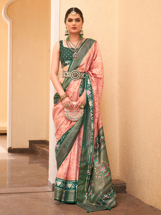 Cream & Green Ikat Foil Print Saree