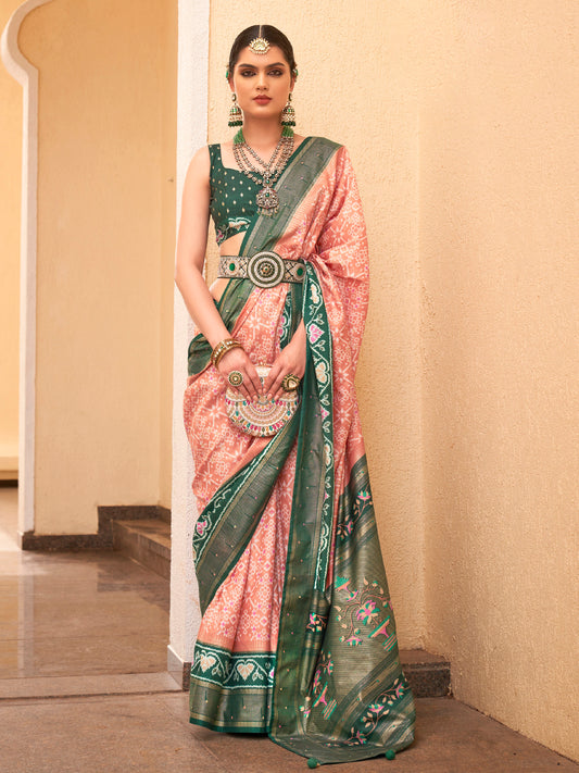 Cream & Green Ikat Foil Print Saree