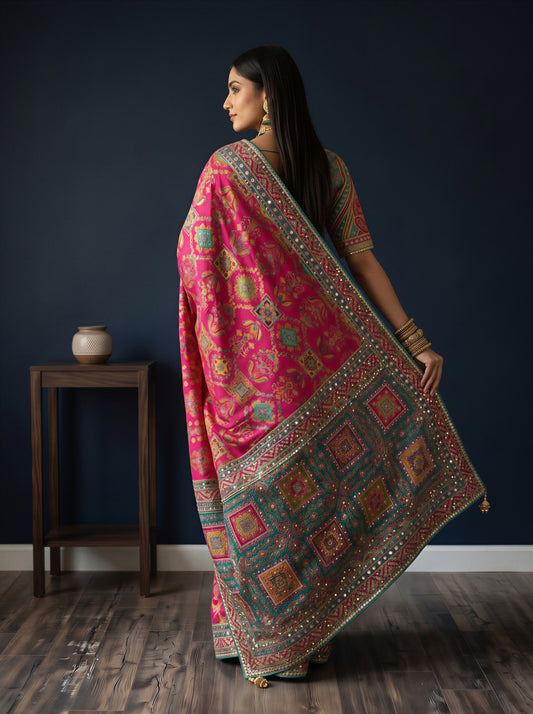Ahalya Pink Ethnic Motif Silk Blend Saree with Embellished Border & Aqua Blue Blouse Piece