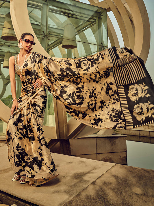 Cream and Black Satin Floral Print saree