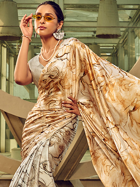 Marble Print Satin Saree with Blouse Piece | Ivory & Gold