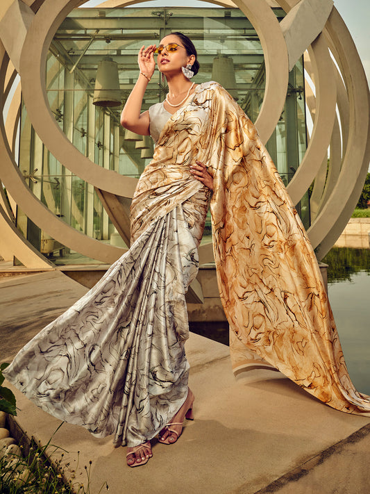 Marble Print Satin Saree with Blouse Piece | Ivory & Gold