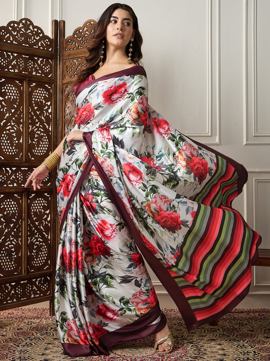 Off-White  Satin Silk Red Floral Digital Print Contrast Border Blouse Saree