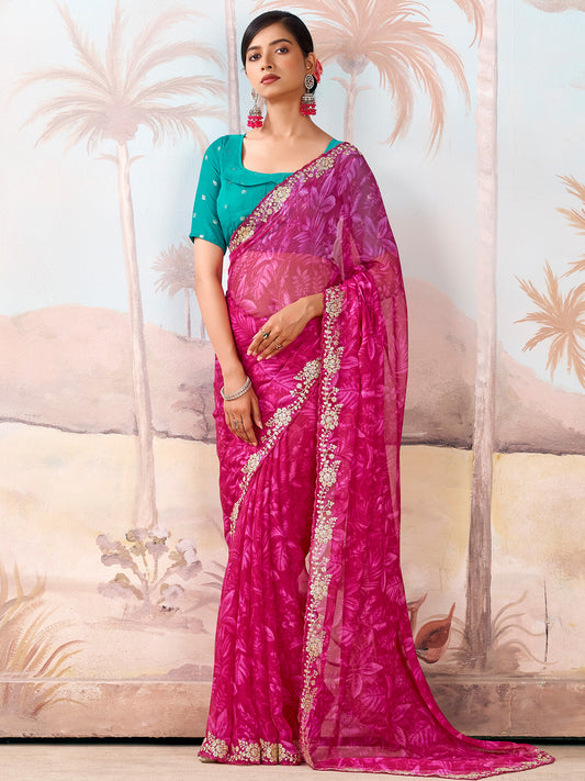 Magenta Polyester Floral Print Embroidered Border saree