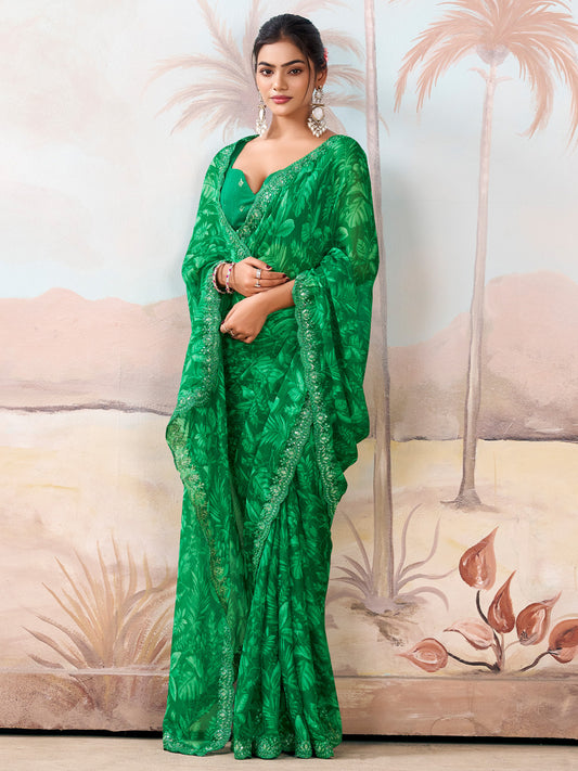 Green Polyester Digital Printed Embroidered Saree
