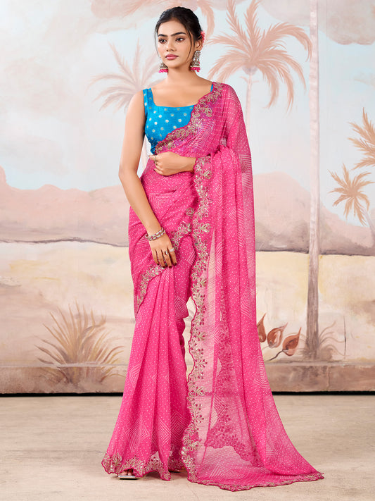 Pink Bandhani Georgette Saree with Embroidered Border & Blue Blouse