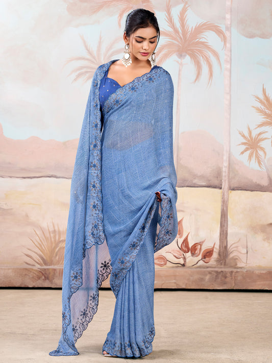 Light Blue Silk Blend Embroidered Border Saree