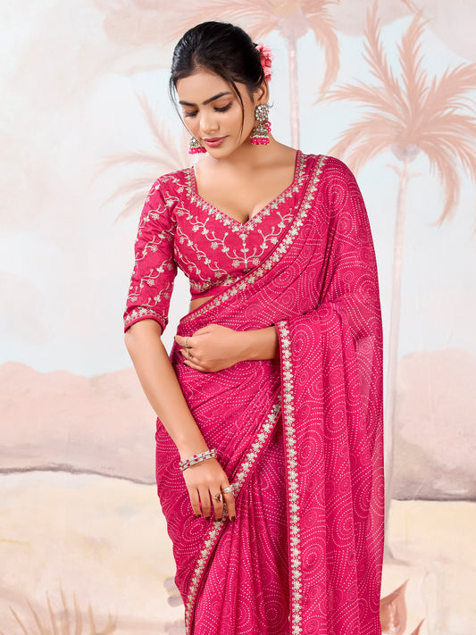 Hot Pink Silk Blend Bandhani Print Saree
