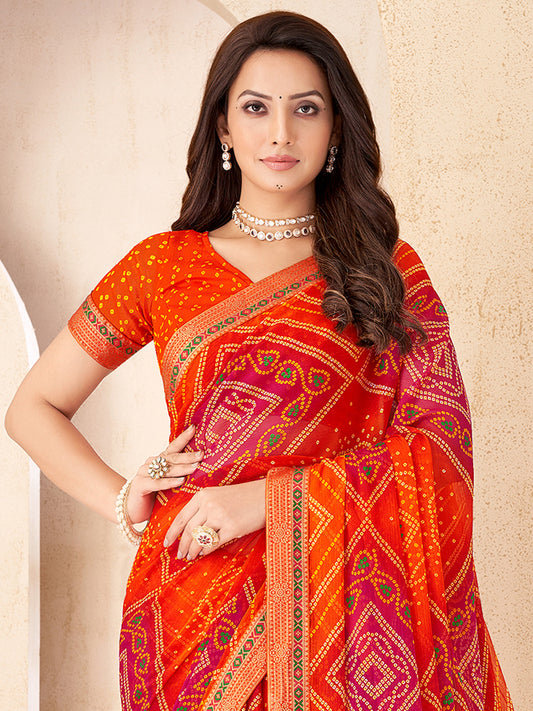 Orange & Red Georgette Bandhani Print Saree