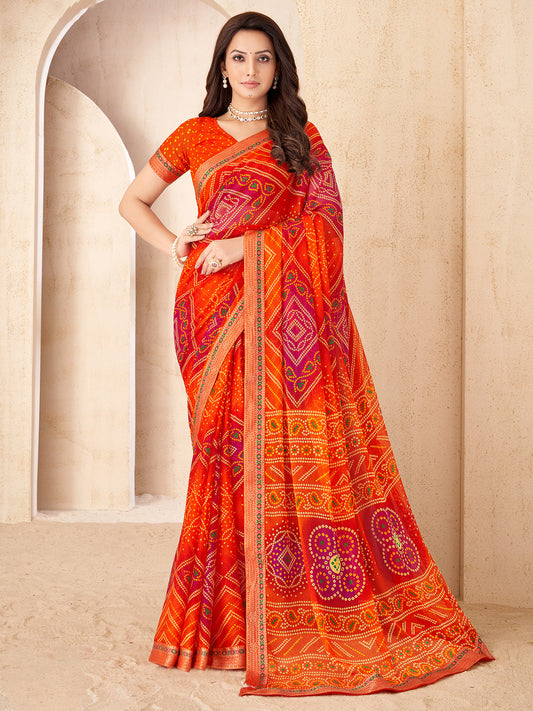 Orange & Red Georgette Bandhani Print Saree