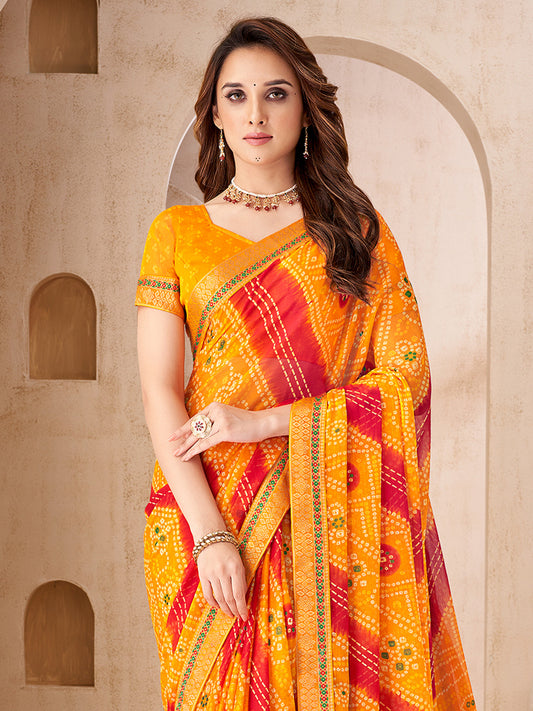 Yellow & Red Georgette Bandhani Saree