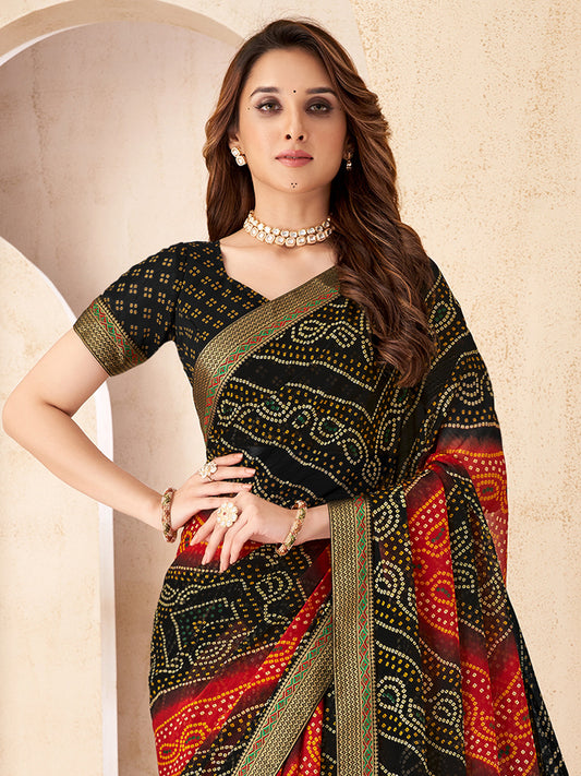 Black & Red Georgette Bandhani Saree