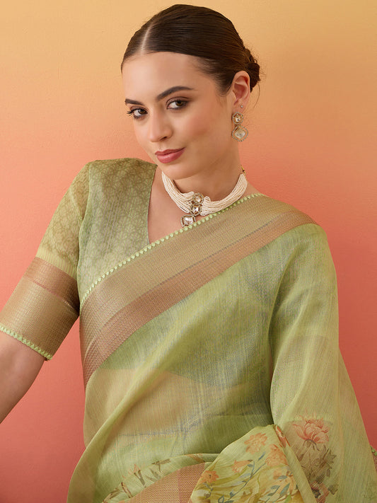 Pista Green Linen Tissue Designer Saree Woven Printed