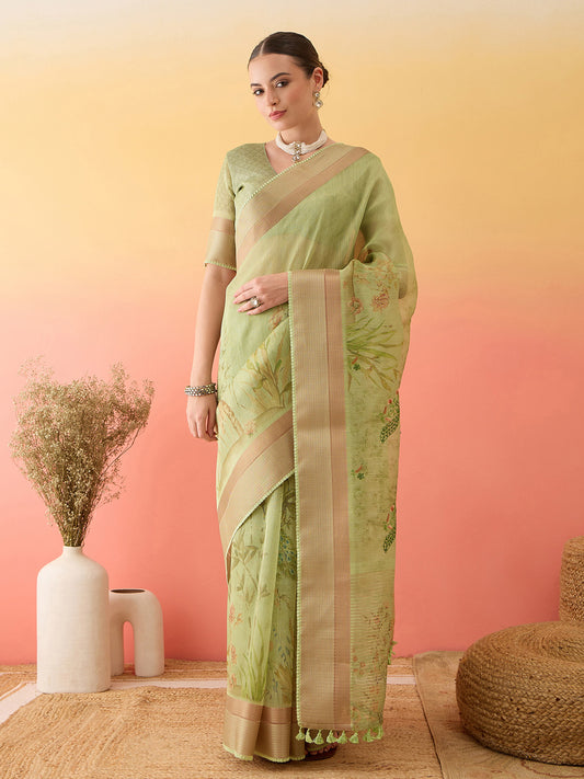 Pista Green Linen Tissue Designer Saree Woven Printed