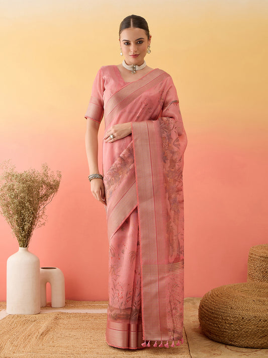 Peach Pink Linen Tassel Floral Embroidered Saree