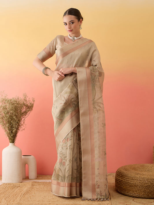 Beige Linen Floral Digital Print Saree