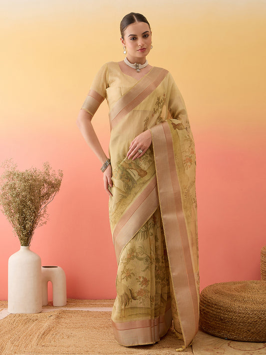 Yellow Floral Printed Linen Tissue Saree