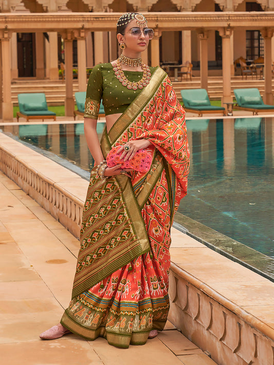 Peach ikkat Style Silk Blend saree