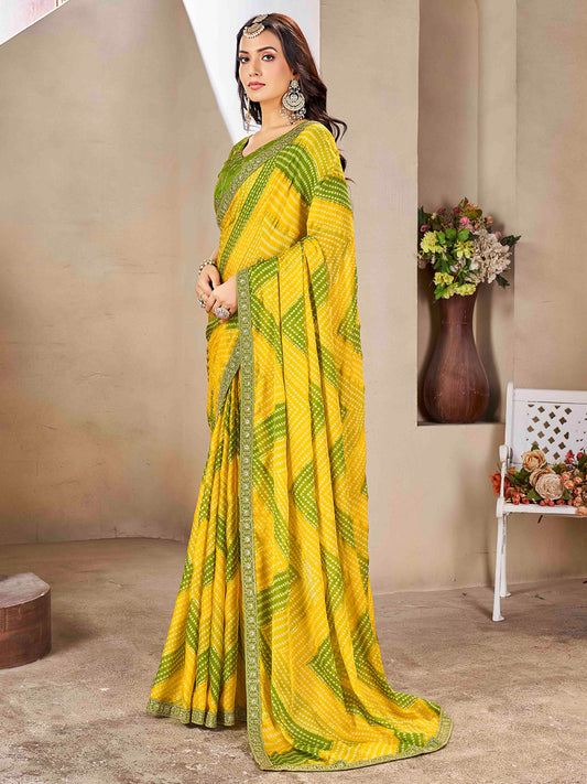 Yellow & Green Bandhani  Tie-Dye Silk Blend  Embellished Border  Blouse