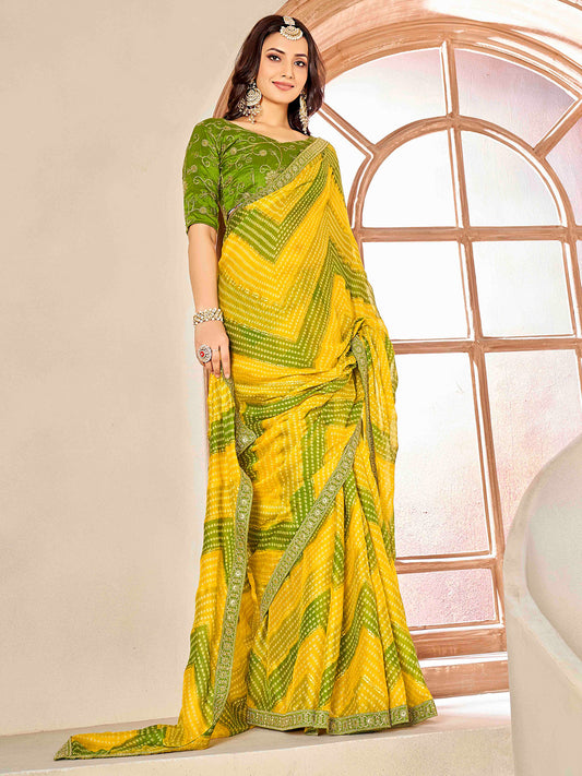 Yellow & Green Bandhani  Tie-Dye Silk Blend  Embellished Border  Blouse