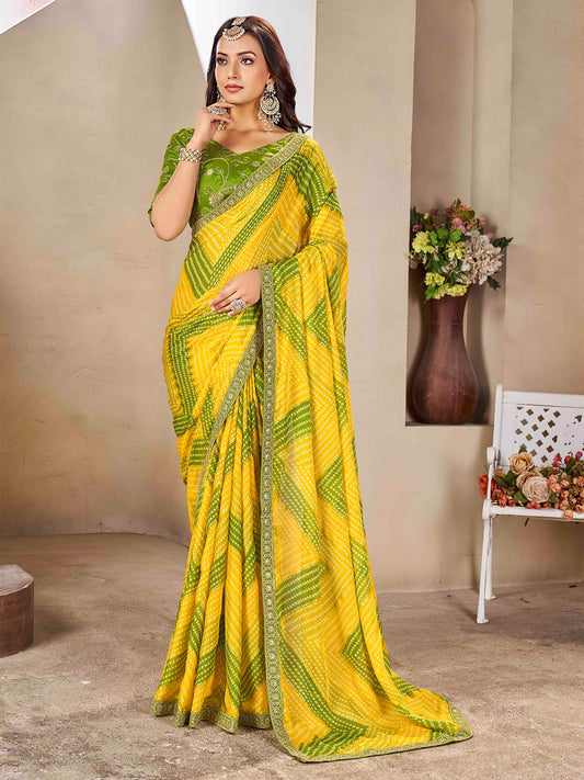 Yellow & Green Bandhani  Tie-Dye Silk Blend  Embellished Border  Blouse